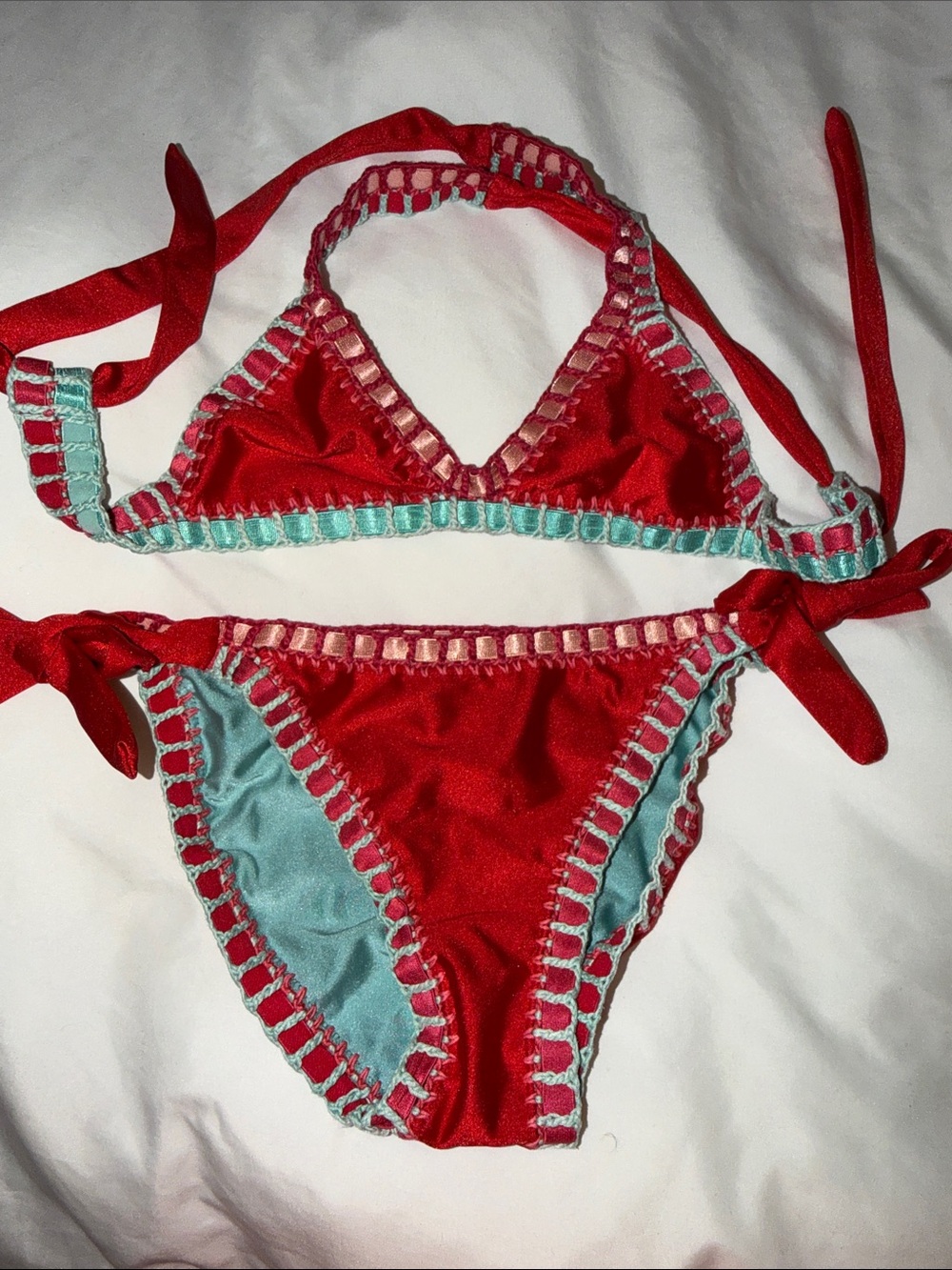 Sabz Kids Stitched Reversible Bikini - Red Aqua